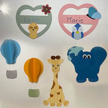 basteln mit Tonpapier, Deko, 3D-Heißliftballon, Namensschil, Giraffe, Elepfant Kinderzimmer