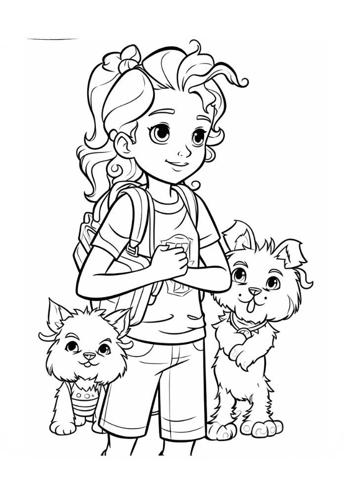 Ausmalbild Mädchen mit Hund