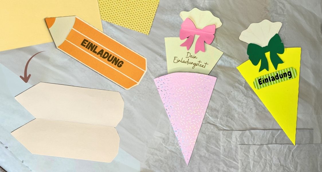 Einladung zur Einschulung basteln – Schultüte und Stift aus Tonkarton